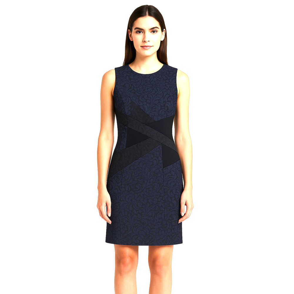 BCBG Alma Navy Black Jacquard Floral‎ Lace Print Geometric Sheath Dress Size 2
